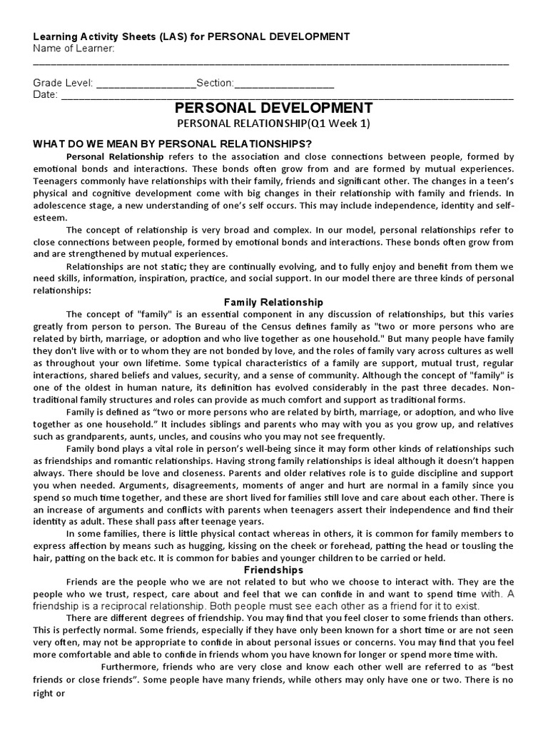 Personal Development: Understanding Relationships | PDF | Family ...
