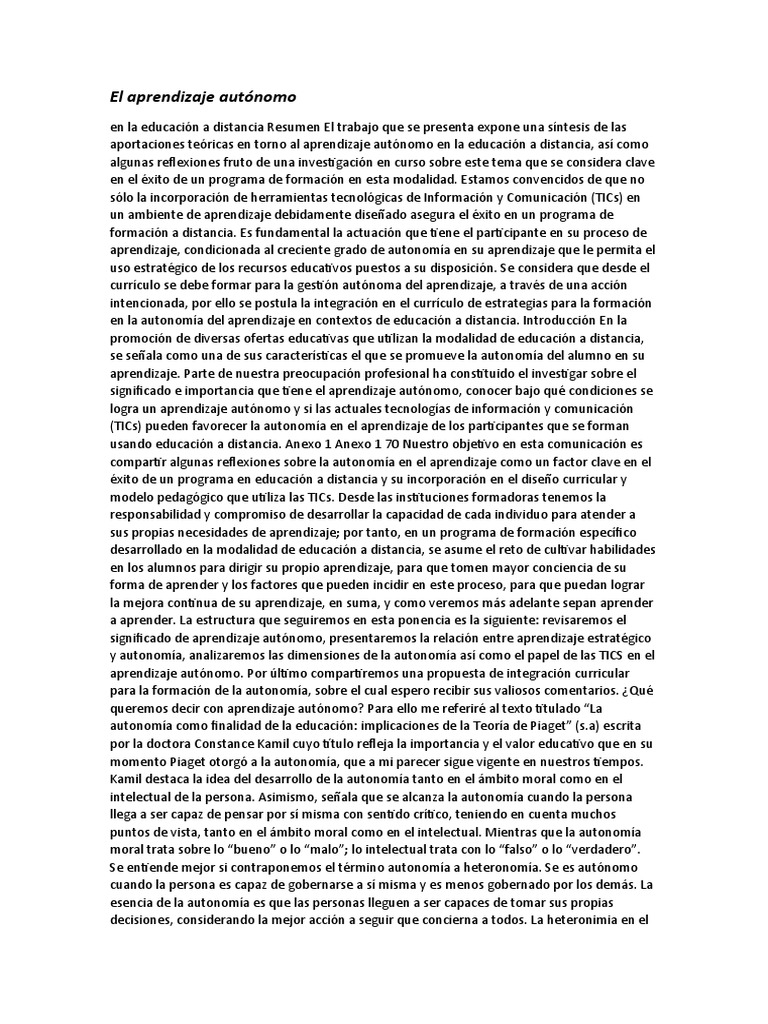 El Aprendizaje Autónomo | PDF | Aprendizaje | Teoria de la mente