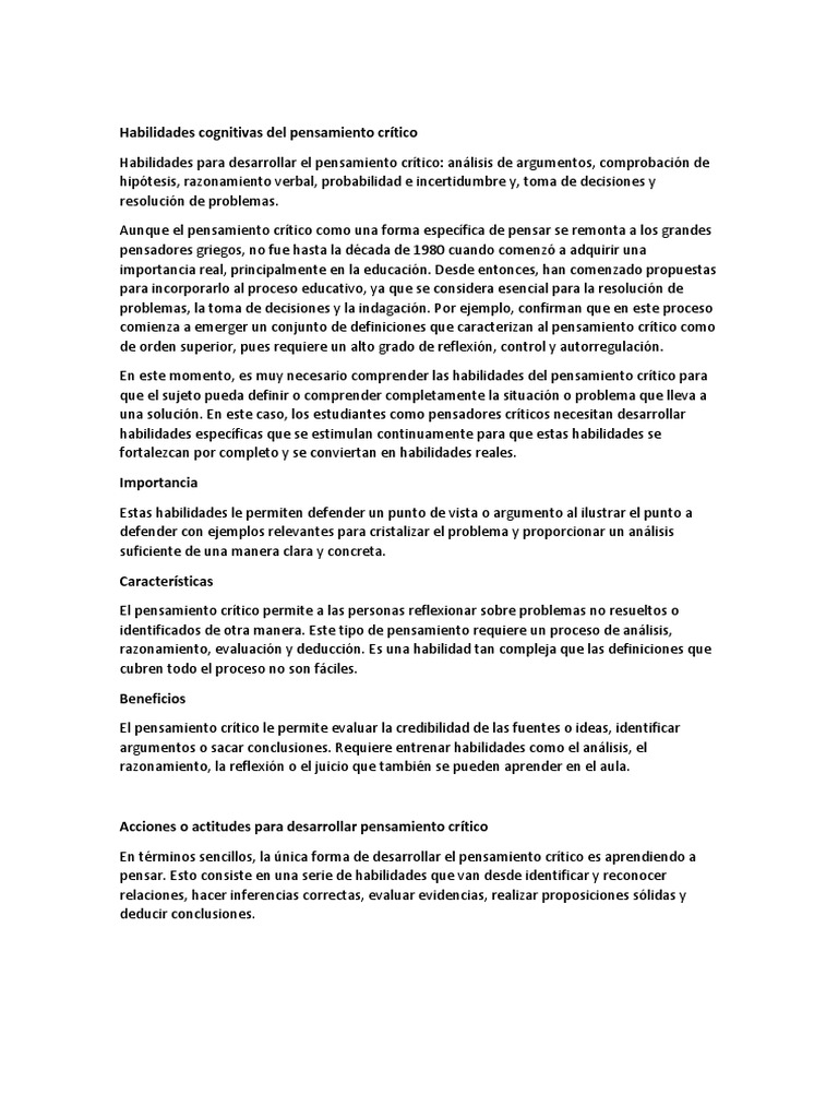 Habilidades Cognitivas Del Pensamiento Crítico | PDF