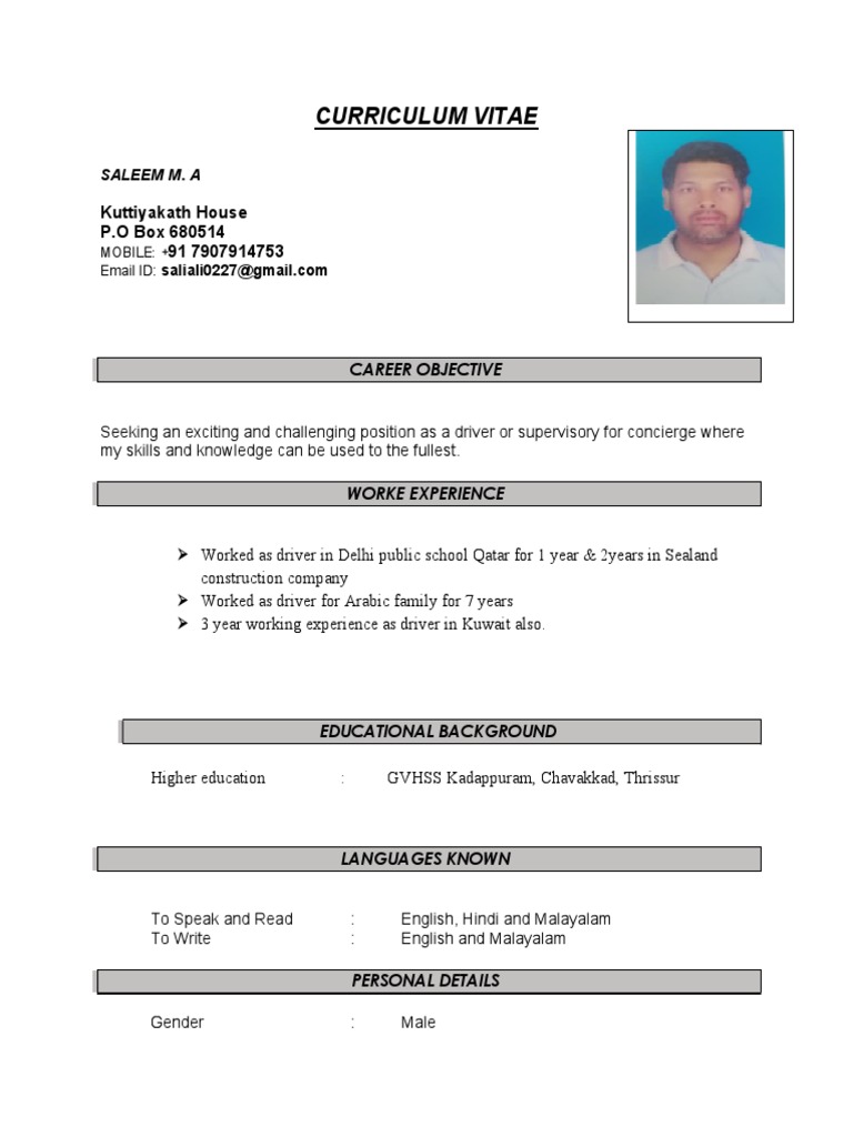 Saleem M.A - Driver CV | PDF