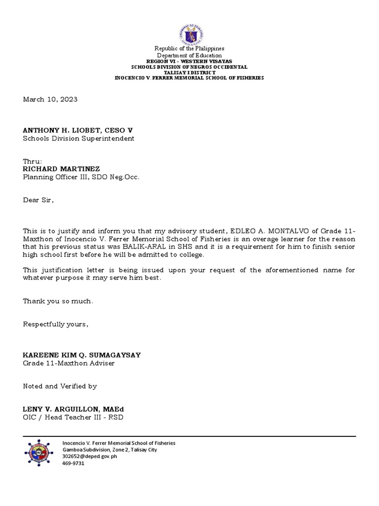 Letter of justification for overage and underage pdf