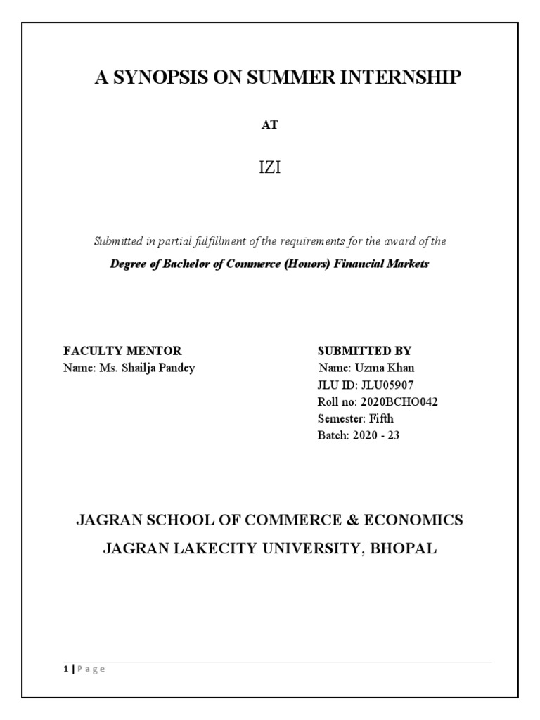 Summer Internship Synopsis - 2020bcho042 | PDF