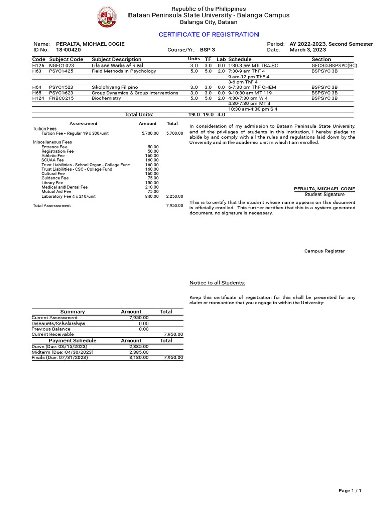 Bataan Peninsula State University Balanga Campus Certificate of