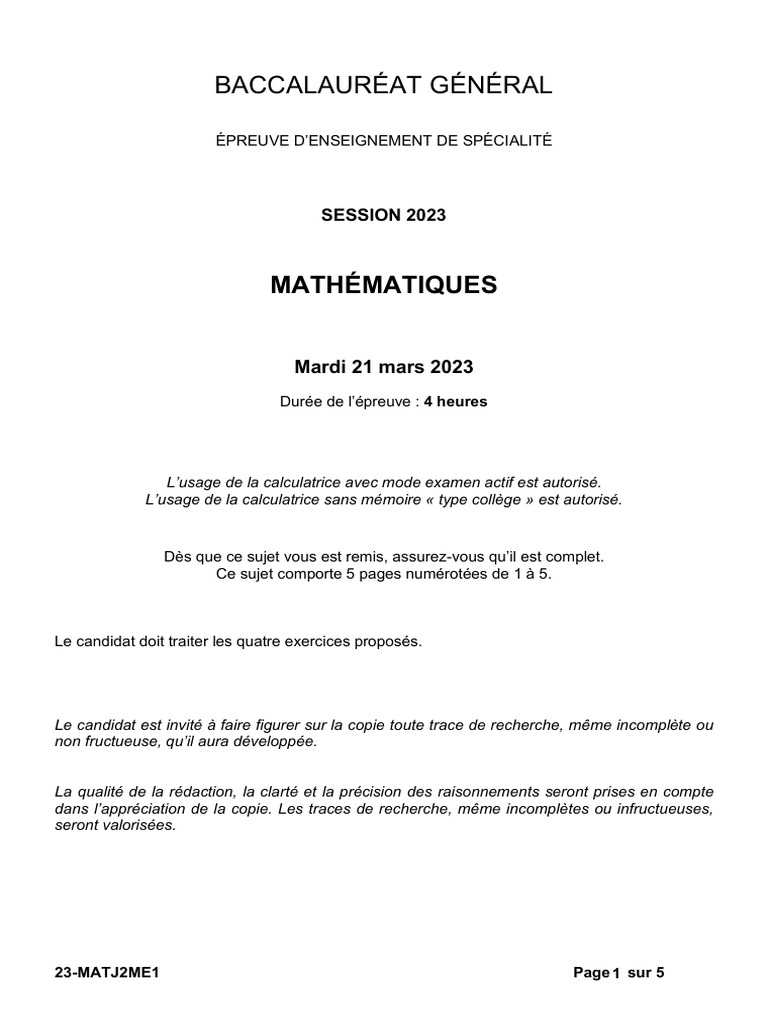 Bac 2023 Maths Jour 2 PDF Mathématiques Géométrie