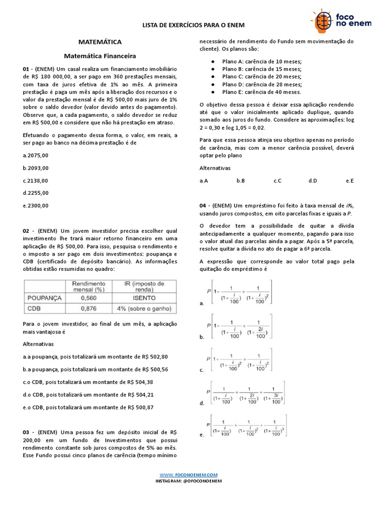 Matematica Financeira Lista de Exercicios Matematica ENEM | PDF | Juros ...