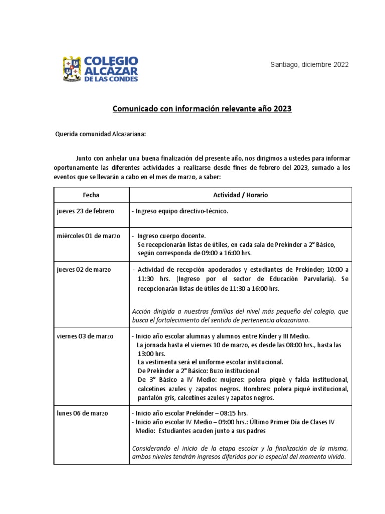 Comunicado Inicio Clases 2023 Alcázar | PDF | Plan de estudios ...
