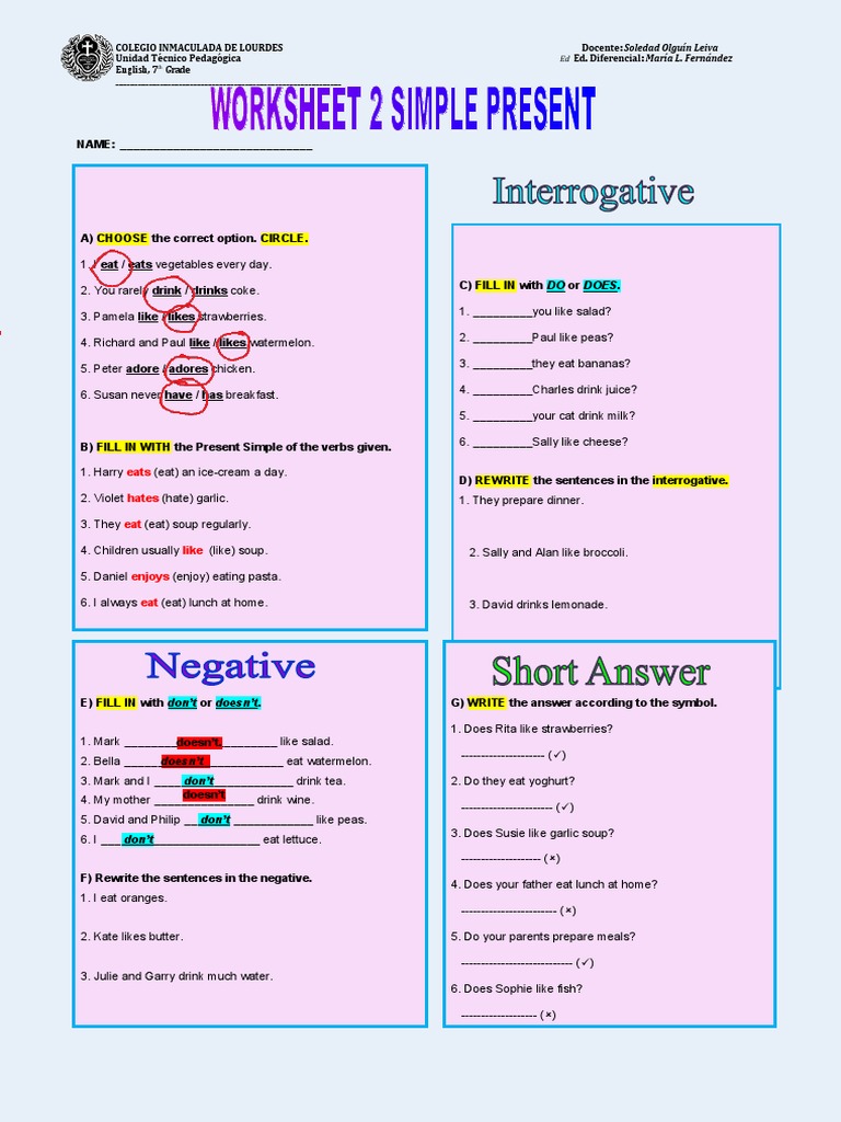 Present Simple Tense Worksheet | PDF | Lunch | Cuisine