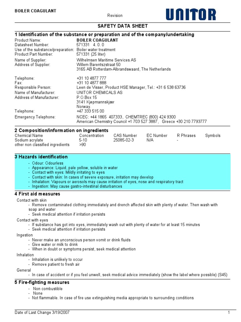 Boiler Coagulant (MSDS) PDF Water Hypothermia