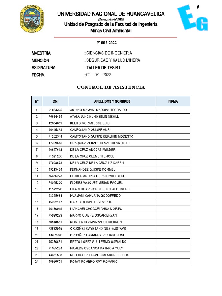 FORMATO #007-2021 Control de Asistencia 2022 - I-PRIMERA CLASE | PDF
