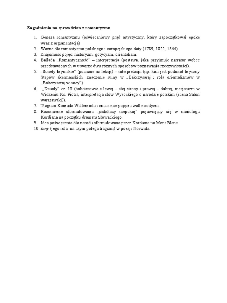 Zagadnienia Na Sprawdzian Z Romantyzmu PDF