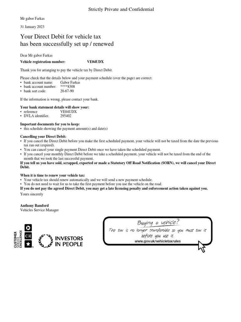 Vehicle Tax Direct Debit Setup Confirmation and Payment Schedule for Mr