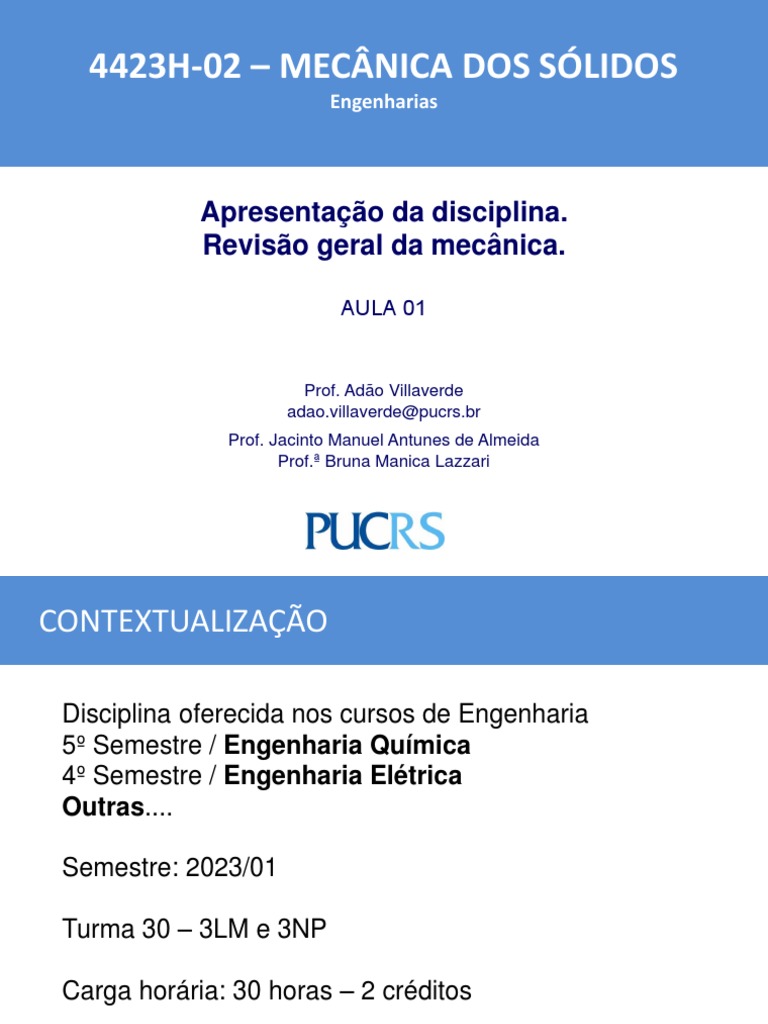 AULA 01 EAD - MEC SOLIDOS Apresentação Da Disciplina. e Revisão Da ...