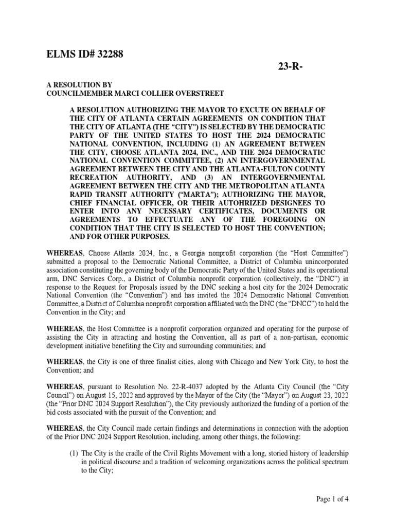 Resolution 32288 Overstreet Choose Atlanta 2024 Agreement PDF