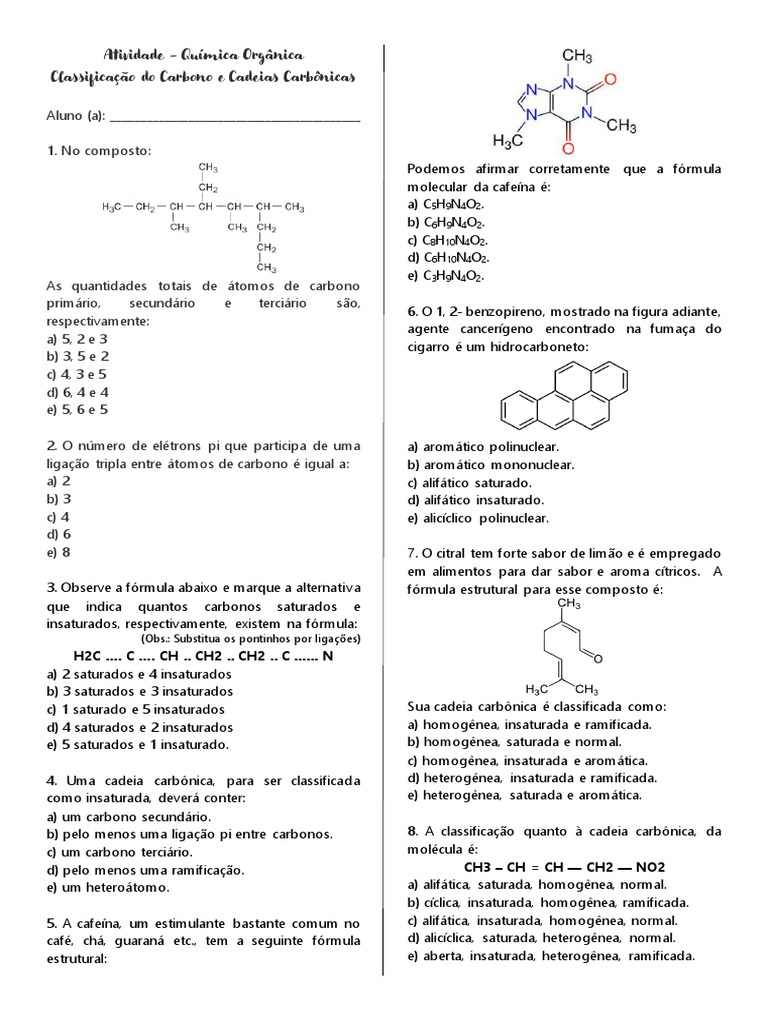 Atividade de Química Orgânica | Download grátis PDF | Aromaticidade ...