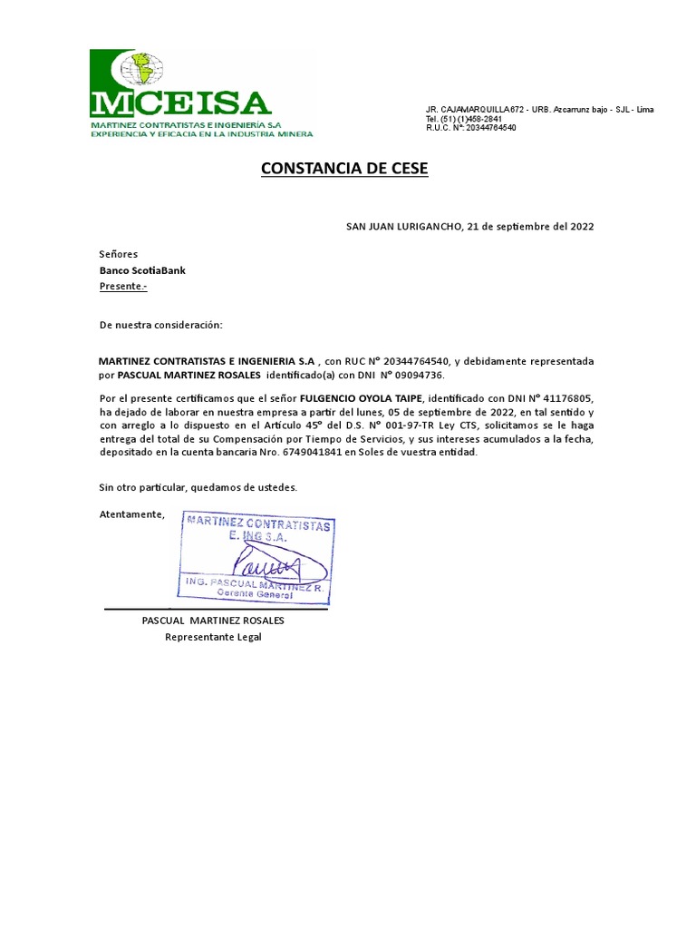 Constancia de Cese Laboral | PDF