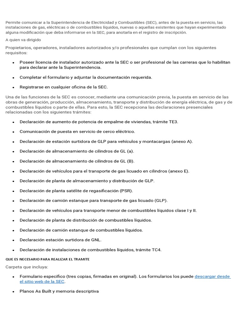 Declaraciones de Instalaciones SEC | PDF | Transporte