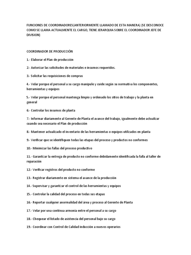 Funciones del Coordinador en Producción | PDF | Seguridad y salud ...