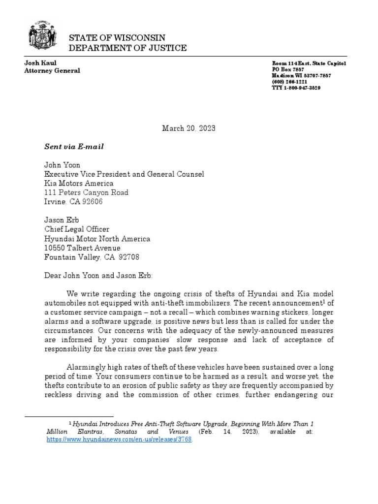 AG Letter To Hyundia and Kia PDF Theft Police