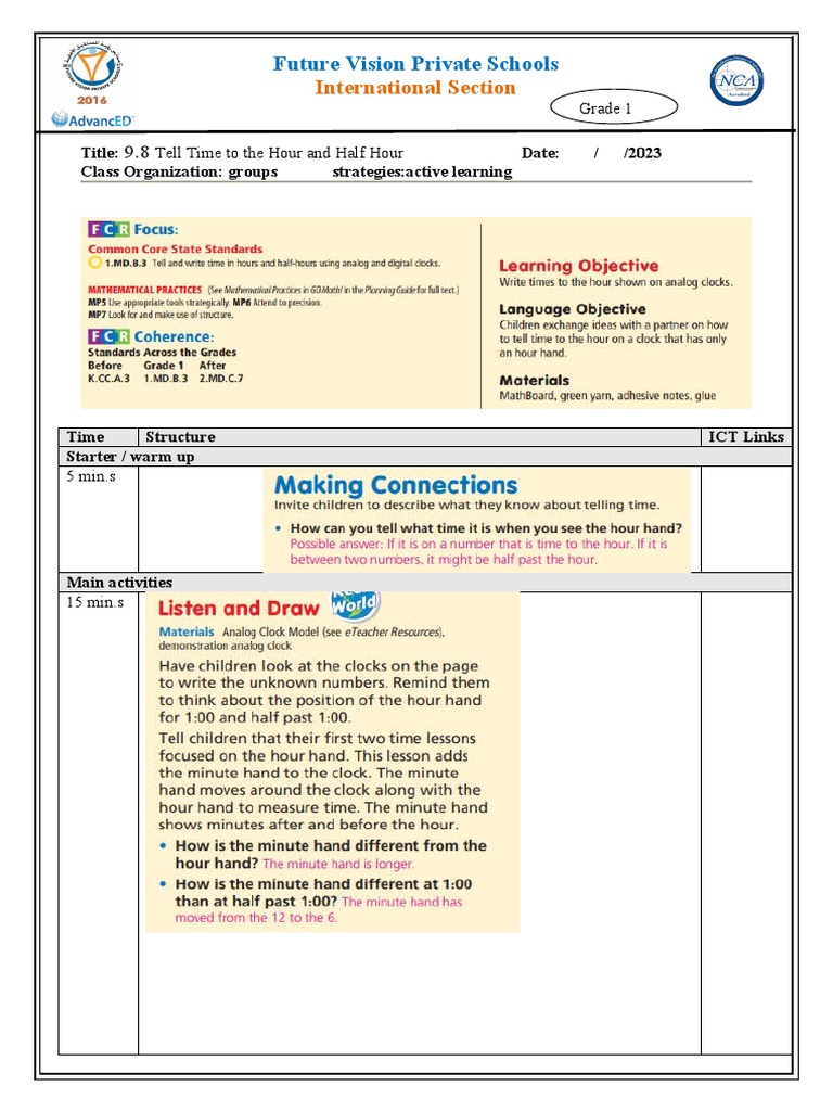 Teaching Grade 1 Students to Tell Time to the Hour and Half Hour