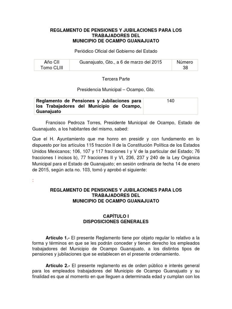 Reglamento de Pensiones y Jubilaciones para Los Trabajadores Del ...