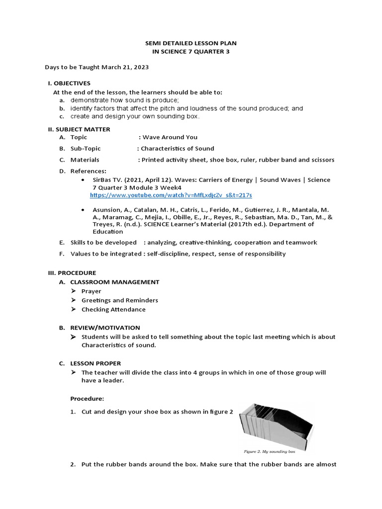 SEMI DETAILED LESSON PLAN in Sounding Box PDF Sound Pitch (Music)