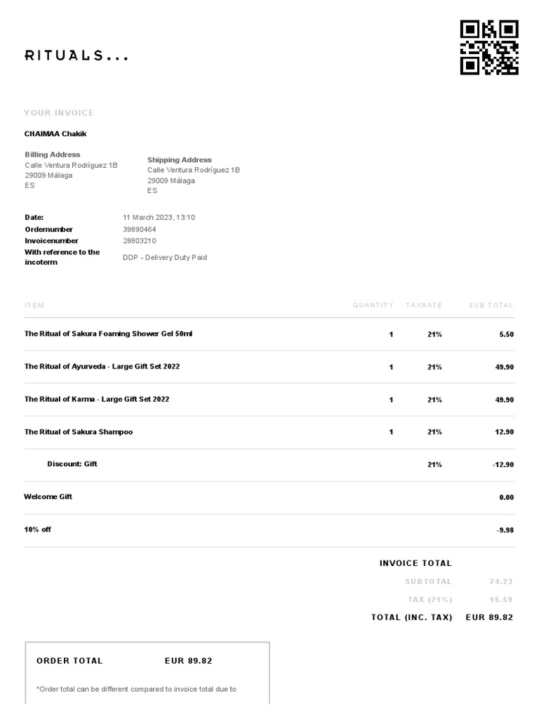 Invoice for Rituals Cosmetics Order | PDF