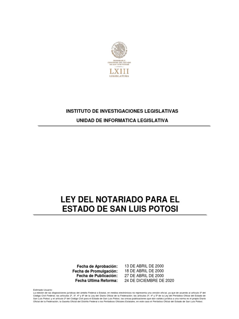 Ley Del Notariado Del Estado de San Luis Potosi 24 Dic 2020 PDF Gobierno Derecho Civil