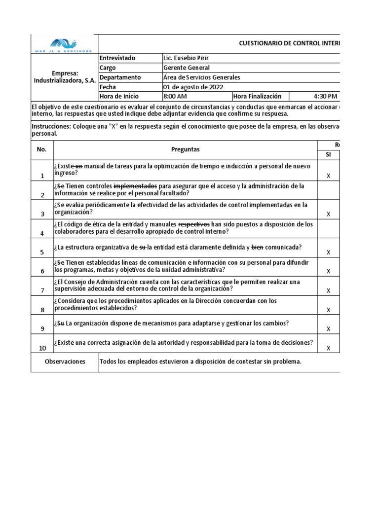 Cuestionario de Control Interno 6 de Septiembre | PDF | Business