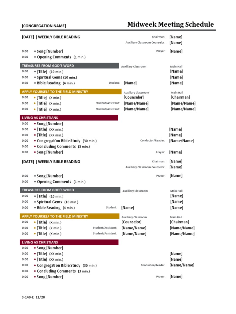 Midweek Meeting Schedule (Congregation Name) (Date) Weekly Bible