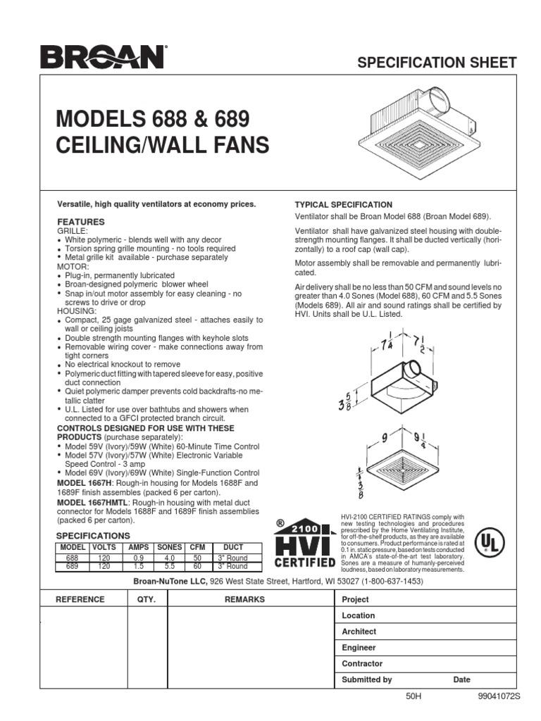 Broan 50 CFM 688 PDF Duct (Flow) Mechanical Engineering