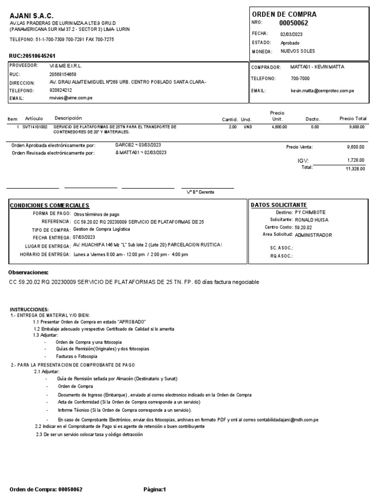 Orden de Compra 00050062 - Servicio de Transporte | PDF