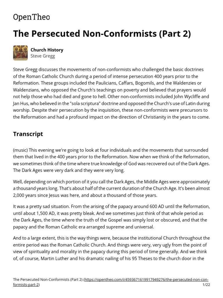 The persecuted non conformists part 2 transcript church history