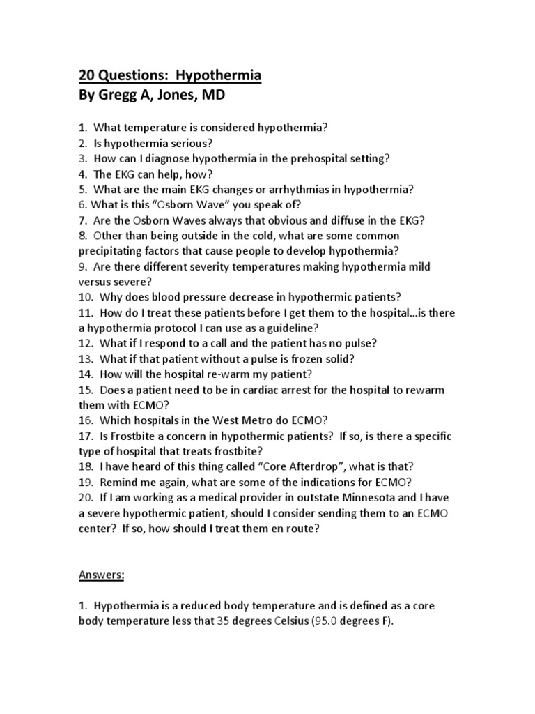 20 Questions Hypothermia PDF Hypothermia Cardiopulmonary