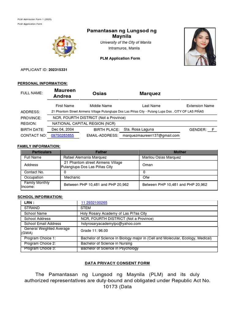 PLM Admission Application Form 2025 | PDF | Information Privacy ...