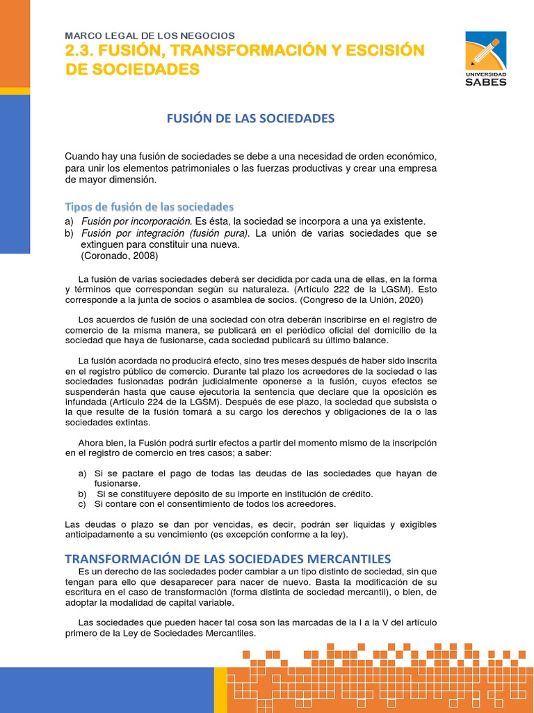 2.3. Fusión, Transformación y Escisión de Sociedades | PDF | Sociedad ...