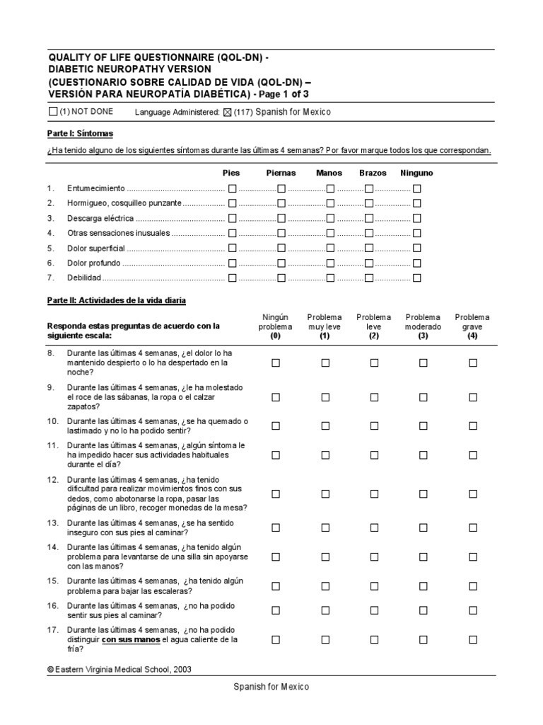 QUALITY OF LIFE QUESTIONNAIRE (QOLDN) DIABETIC NEUROPATHY Spanish