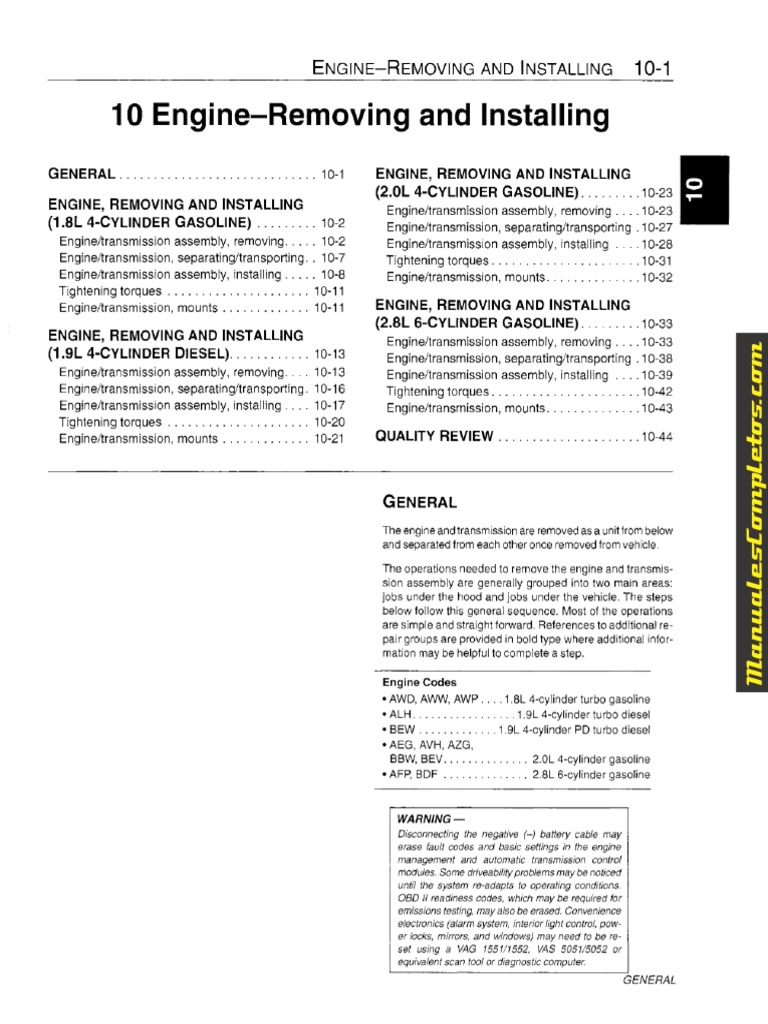 1999-2005 VW Jetta - 2.0L - Engine - Removing and Installing | PDF
