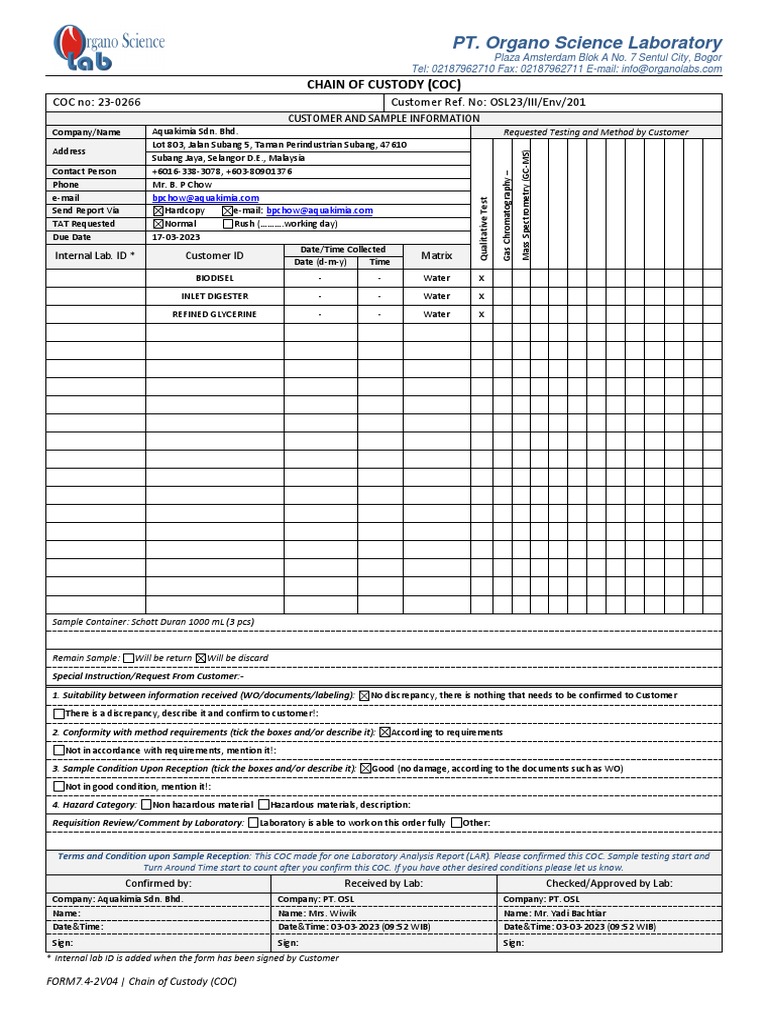 Chain of Custody for Lab Testing | PDF | Laboratories | Instrumental ...