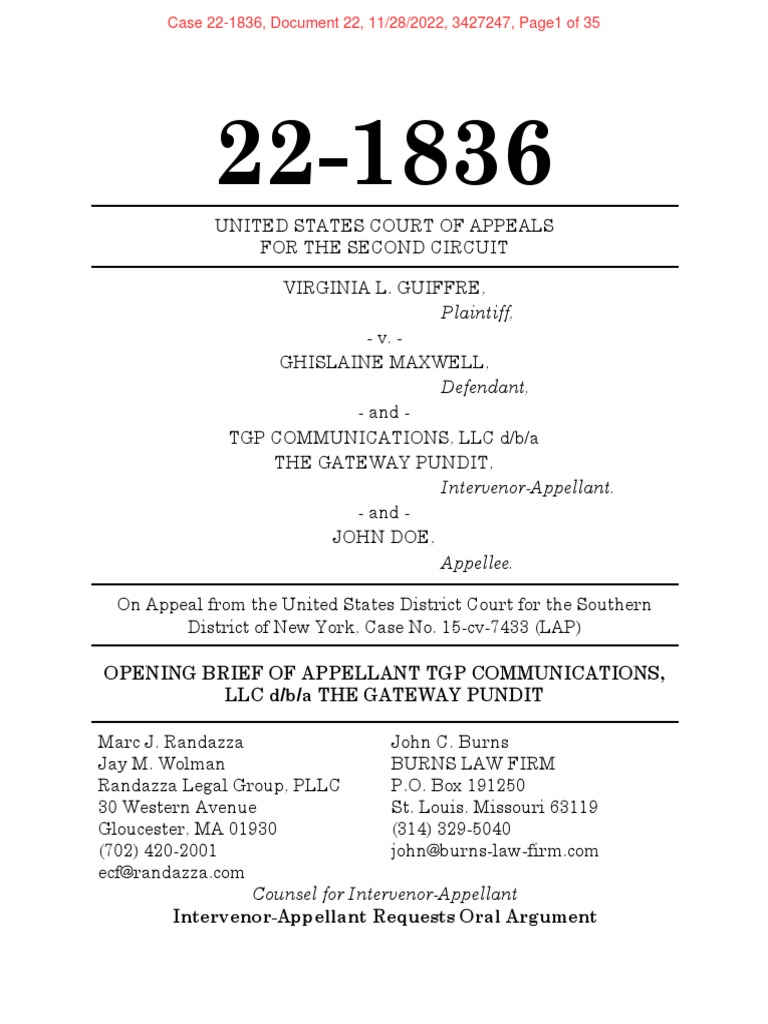 TGP's Appeal to Unseal Epstein Documents | PDF | Lawsuit | Standard Of ...