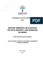 Tesis Gestion Ambiental de Plasticos PET en El Distrito 1 Del Municipio de Oruro PDF