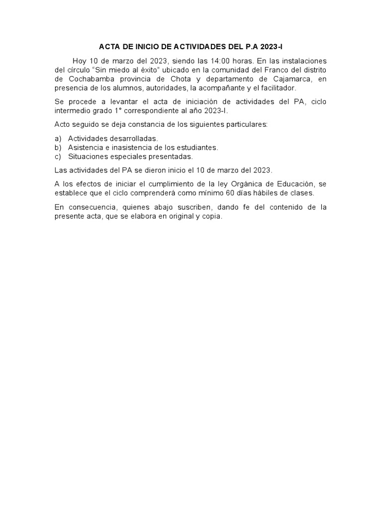 Acta de Inicio PA 2023-I en Cajamarca | PDF