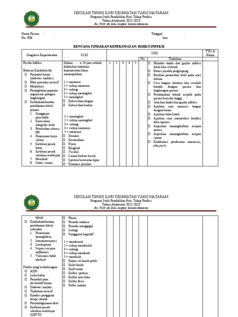 Rencana Tindakan Keperawatan Risiko Infeksi | PDF