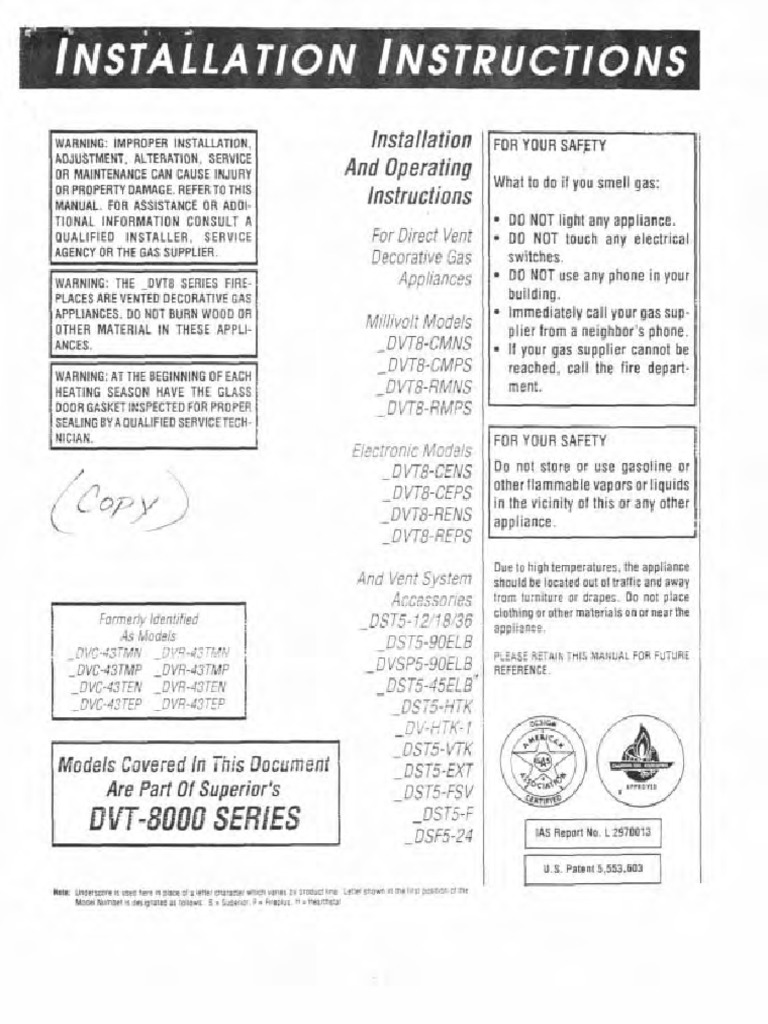 Superior Gas Fireplace Installation Guide | PDF | Pressure | Door