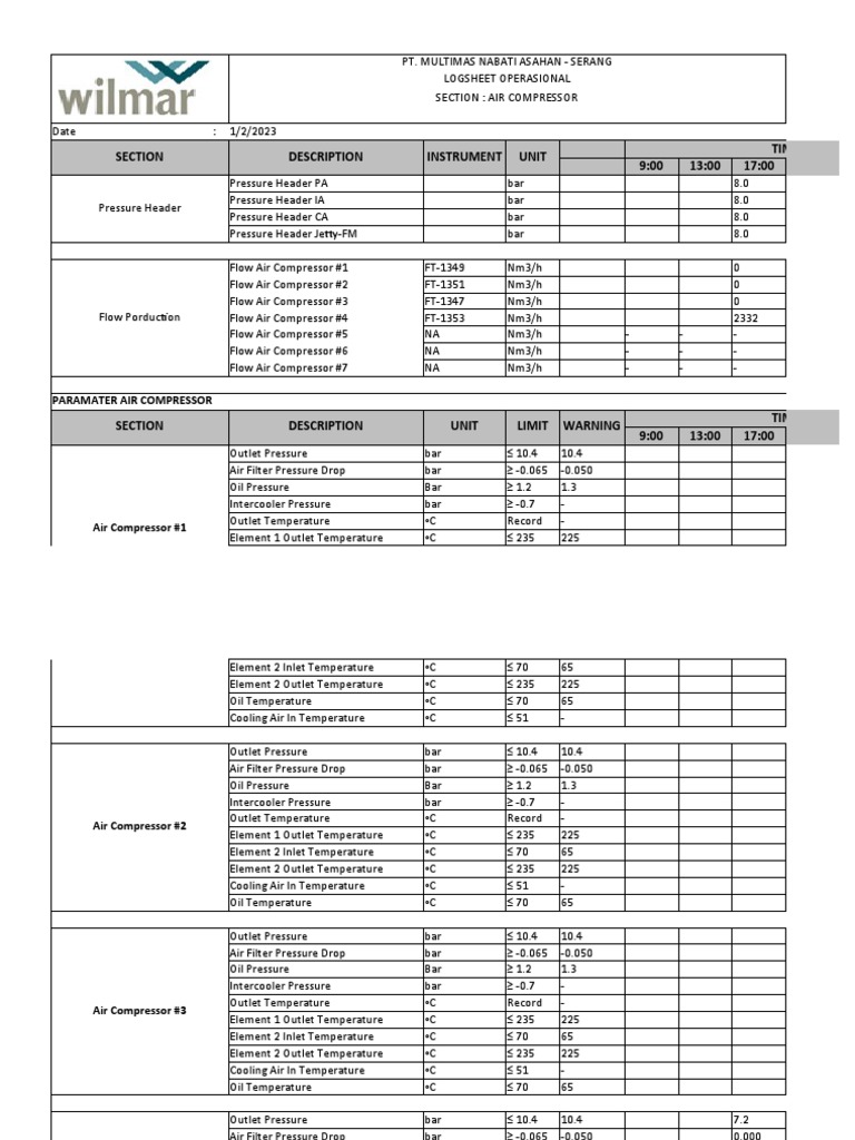 Air Compressor Operational Logsheet | PDF | Transparent Materials ...