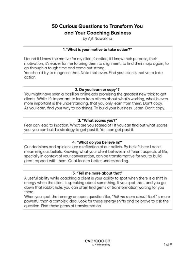 Transformational Coaching Questions | PDF | Understanding | Cognition