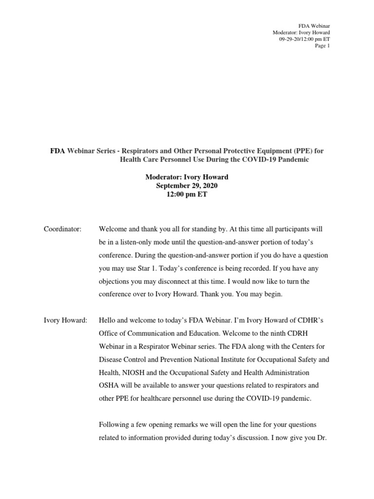 FDA inar Series Respirators and Other Personal Protective