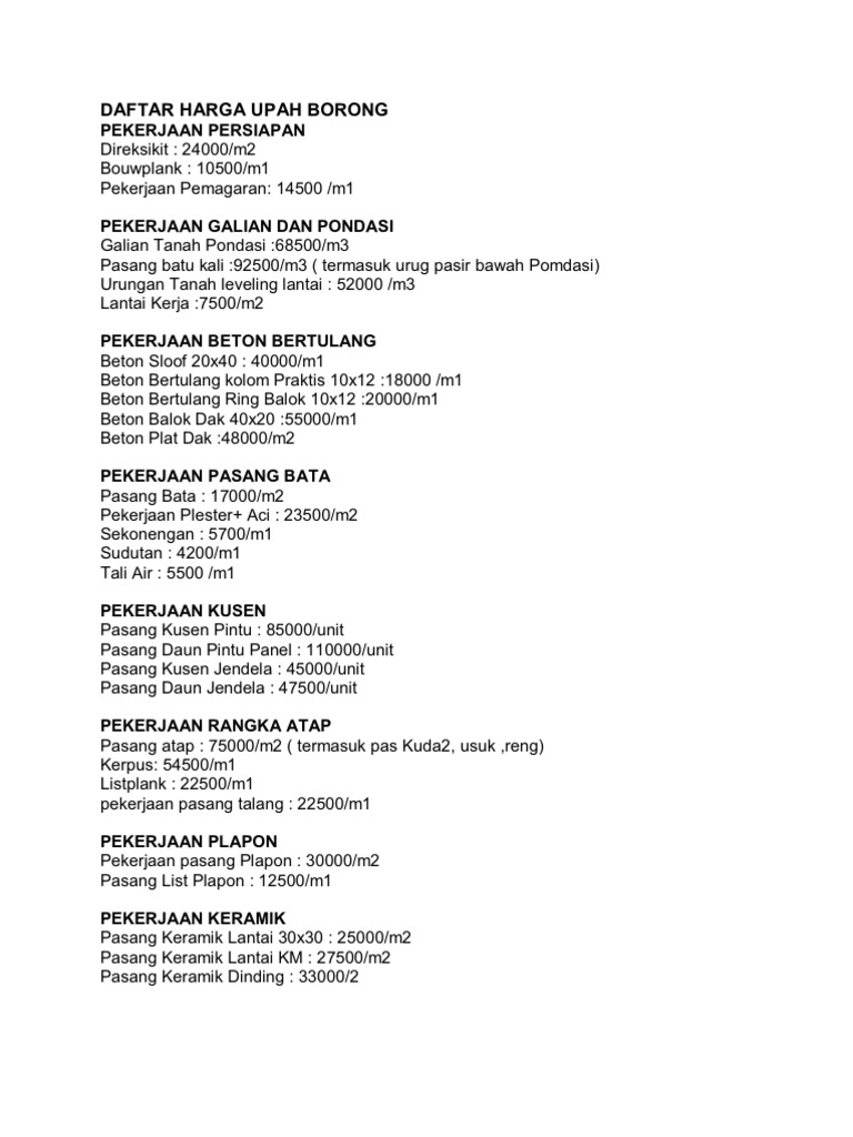 Daftar Harga Upah Borong