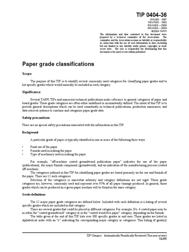 040436 Paper Grade Classifications PDF Paper Paperboard