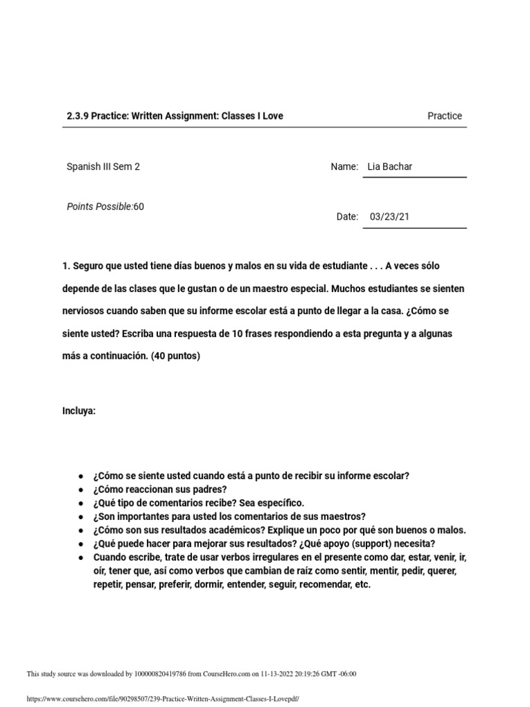 Spanish iii sem 2 practice written assignment classes i