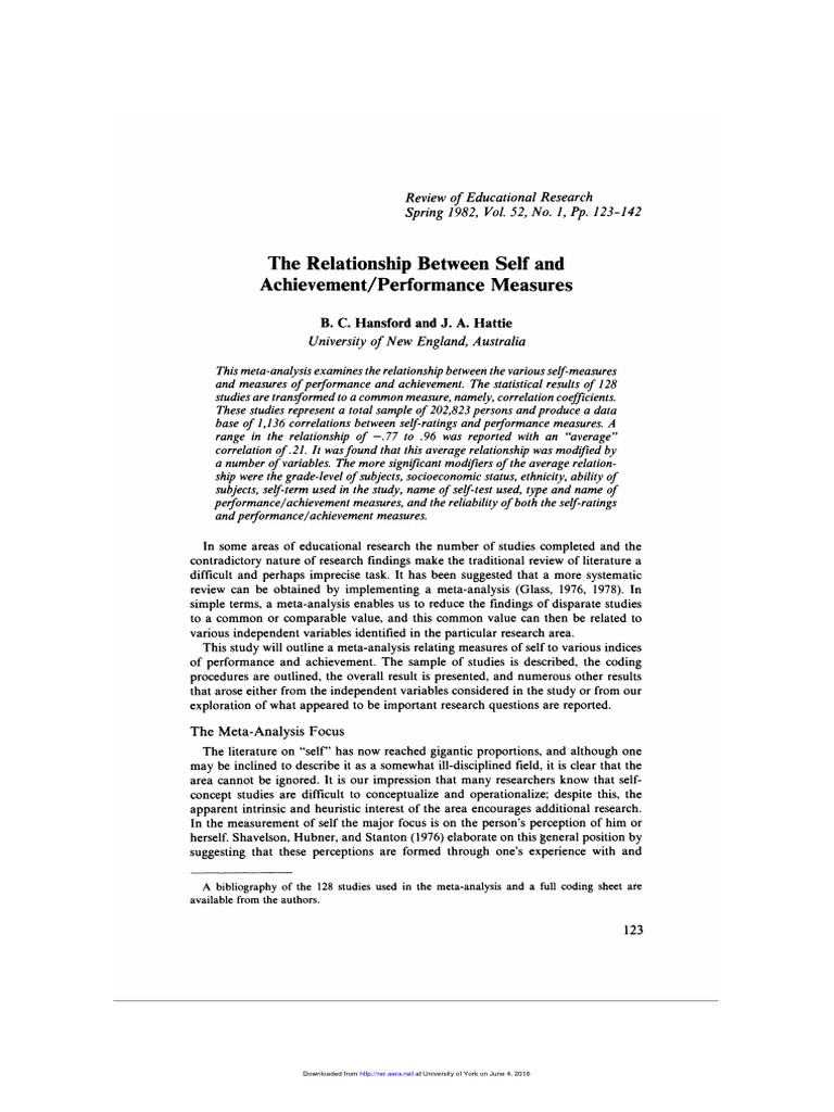 The Relationship Between Self and Achievement/Performance Measures ...